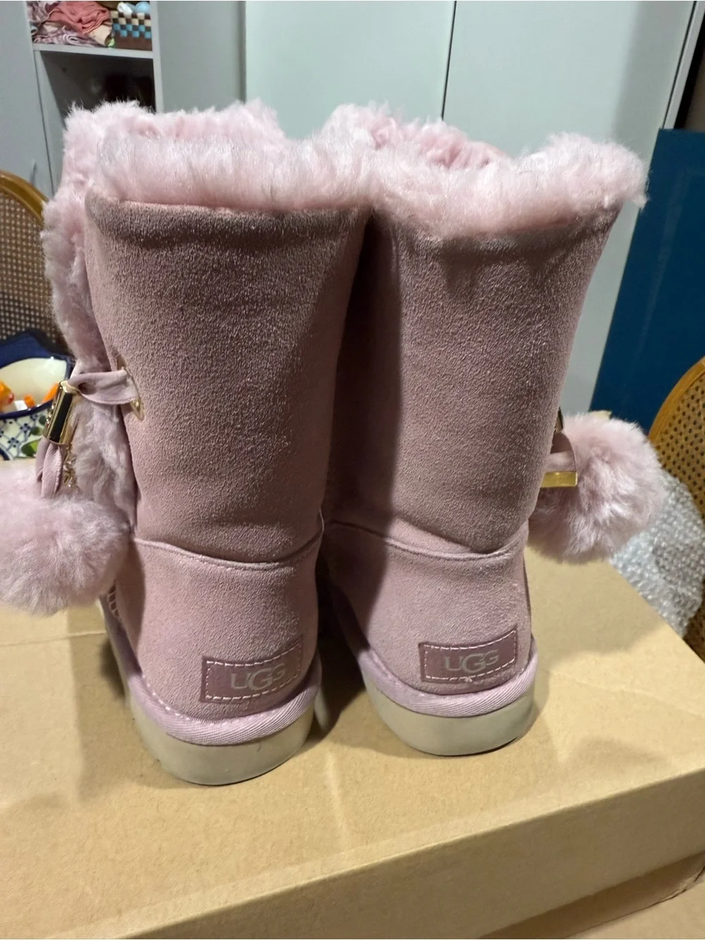 UGG Girls' Pink Faux-Suede Pom Pom Winter Boots